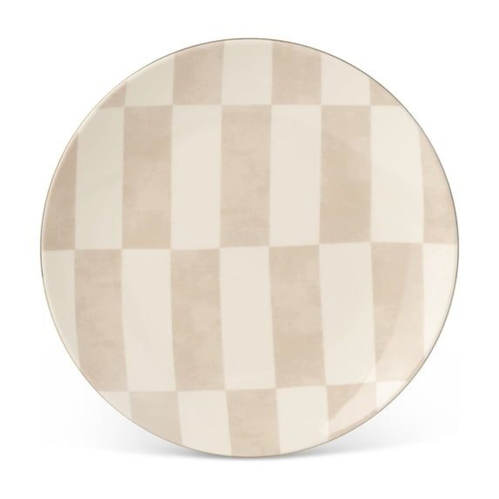 Thyme & Table Ceramic Dinner Plate - Tan Checkered Gold Rim, 10.25in